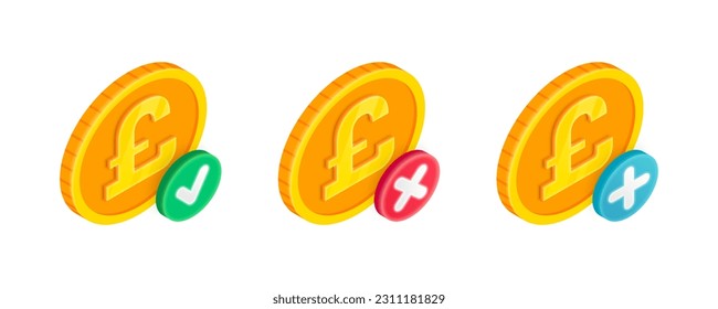 3D-Symbole für Vektorbezahlung festgelegt. Isometrische Goldmünze mit grünem Markierungszeichen, rotem Kreuz und Pluszeichen. Kauf genehmigt und abgelehnt, Geldtransaktion, vollendete und fehlgeschlagene Geldüberweisung.