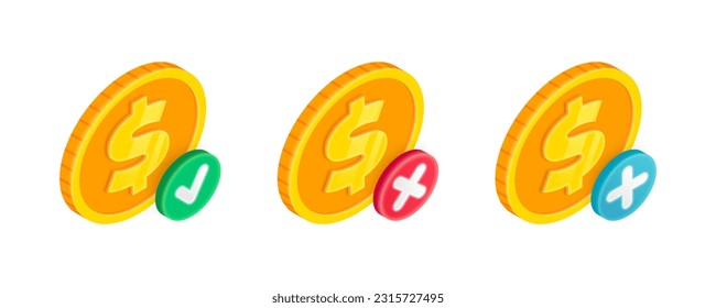 3D-Symbole für Vektorbezahlung festgelegt. Isometrische Goldmünze mit grünem Markierungszeichen, rotem Kreuz und Plus Symbol. Kauf genehmigt und abgelehnt, Geldtransaktion, vollendete und fehlgeschlagene Geldüberweisung.