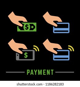 Vector payment color icon set on a black background, hand with cash money, card and smartphone for bank or online pay simple finance symbol.