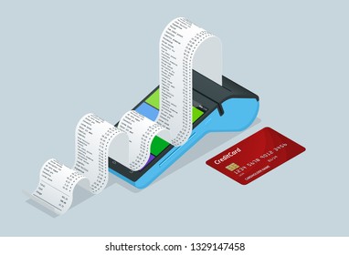 Vector payment machine and credit card. POS terminal confirms the payment by debit credit card, invoce. Vector illustration in flat design. NFC payments concept. Isometric NFC payments concept