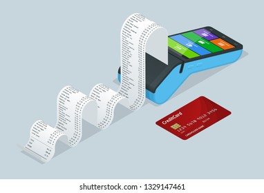 Vector payment machine and credit card. POS terminal confirms the payment by debit credit card, invoce. Vector illustration in flat design. NFC payments concept. Isometric NFC payments concept