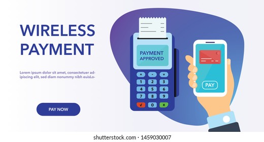 Vector payment machine and credit card banner. POS terminal confirms the payment by debit credit card, invoce. Vector illustration in flat design. NFC payments concept. Isometric NFC payments concept 