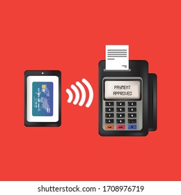 Vector payment machine and credit card. POS terminal confirms the payment by debit credit card, invoce.
