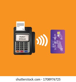 Vector payment machine and credit card. POS terminal confirms the payment by debit credit card, invoce.