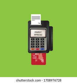 Vector payment machine and credit card. POS terminal confirms the payment by debit credit card, invoce.
