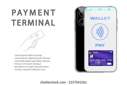 Vector payment machine and credit card banner. POS terminal confirms the payment by debit credit card, invoce. Vector illustration in flat design. NFC payments concept. Isometric NFC payments concept