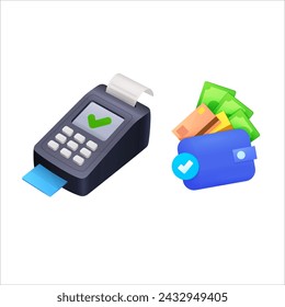 Vector payment machine and credit card. POS terminal confirms the payment by debit credit card, invoce. wallet,Credit Card. 