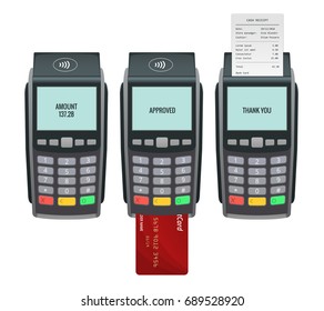 Vector payment machine and credit card. POS terminal confirms the payment by debit credit card, invoce. Vector illustration in flat design. NFC payments concept