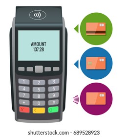 Vector Payment Machine And Credit Card. POS Terminal Confirms The Payment By Debit Credit Card, Invoce. Vector Illustration In Flat Design. NFC Payments Concept