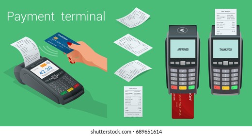 Vector payment machine and credit card. POS terminal confirms the payment by debit credit card, invoce. Vector illustration in flat design. NFC payments concept. Isometric NFC payments concept