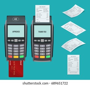 Vector payment machine and credit card. POS terminal confirms the payment by debit credit card, invoce. Vector illustration in flat design. NFC payments concept.