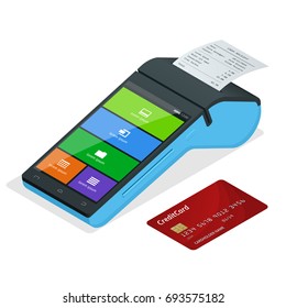 Vector payment machine and credit card. POS terminal confirms the payment by debit credit card, invoce. Isometric illustration in flat design. NFC payments concept