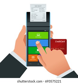 Vector payment machine and credit card. POS terminal confirms the payment by debit credit card, invoce. Vector illustration in flat design. NFC payments concept