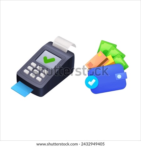 Vector payment machine and credit card. POS terminal confirms the payment by debit credit card, invoce. wallet,Credit Card. 