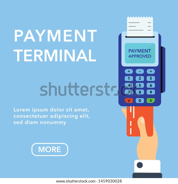 Vector payment machine and credit card banner. POS\
terminal confirms the payment by debit credit card, invoce. Vector\
illustration in flat design. NFC payments concept. Isometric NFC\
payments concept 