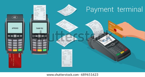 Vector payment machine and credit card. POS\
terminal confirms the payment by debit credit card, invoce. Vector\
illustration in flat design. NFC payments concept. Isometric NFC\
payments concept