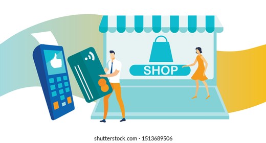 Vector Payment Machine, Online Shop, Credit Card with Contactless Pay Technology. Cartoon Man Using POS Terminal for Wireless Money Transaction. Woman Shopping via Laptop Flat Illustration