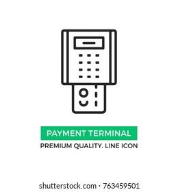 Vector payment terminal icon. POS terminal with inserted credit card. Premium quality graphic design element. Modern sign, linear pictogram, outline symbol, simple thin line icon