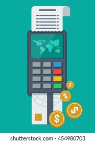 Vector payment terminal for mobile banking. Global finance system. Objects isolated on white background. Flat cartoon vector illustration.