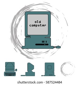 Vector PC illustrations. Front view. Old computer. It can be used in logo design, brochures, postcards, for websites, etc.