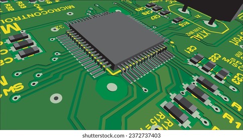 Vector pcb layout with microcontroller.  
Printed circuit board of an electronic 
device with
conductors, contact pads and seats placed on it.  Engineering drawing.