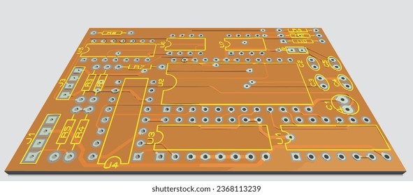 Vector pcb layout. 
Printed circuit board of an electronic 
device with
conductors, contact pads and seats placed on it. 
Engineering drawing.