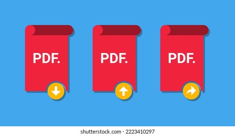 Vector of PDF download icon, PDF upload icon,and PDF share icon. PDF file format logo with download, upload, and share label.Portable Document Format. Flat folded document logo.
