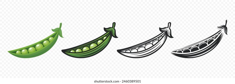 Vector Pea Pod Icon. Cartoon Green Peas Design Template, Clipart. Green Pea Symbol, Front View