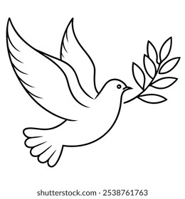 Vector Peace dove with olive branch in one continuous line drawing. Bird and twig symbol of peace and freedom in simple linear style. Pigeon icon. doodle vector art at white background.