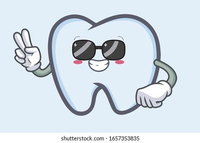 vector peace with glasses face. tooth character emoticon cartoon style. Logo, Icon, Mascot Illustration