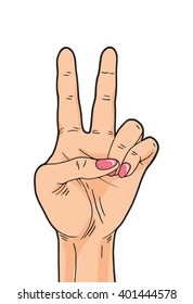 Vector peace hand sign isolated on white background, comics woman victory hand sign