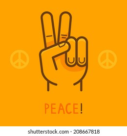 Vector peace sign - hand showing two fingers - modern flat illustration on yellow background - logo design template