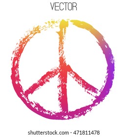 Vector peace sign painted by dry brush. Hand drawn symbol isolated on white background. Textured element. Colorful gradient. Red, yellow, purple, orange colors.