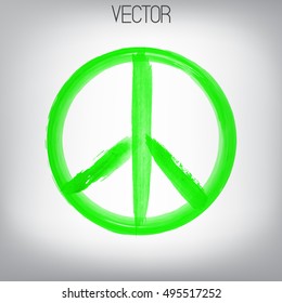 Vector peace sign painted by brush. Hand drawn bright green watercolor symbol. Textured element. Ink. 