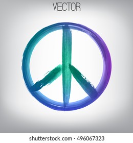 Vector peace sign painted by brush. Hand drawn bright watercolor symbol. Textured element. Ink.  Cyan, violet, blue, turquoise, purple colors gradient.