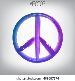 Vector peace sign painted by brush. Hand drawn bright watercolor symbol. Textured element. Ink. Violet, blue, purple colors gradient.