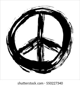 Vector peace sign painted by brush. Hand drawn symbol. Textured element. Ink