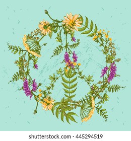 vector peace symbol made from flowers on blue background