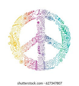 Vector peace symbol made of hippie theme doodle handdrawn icons, pacifism sign. Hippie style ornamental background. Love and peace, hand-drawn doodle background. Colorful peace symbol 