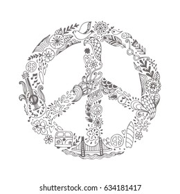 Vector peace symbol made of hippie theme doodle handdrawn icons, pacifism sign. Hippie style . Love and peace, hand-drawn doodle background. Colorful peace symbol on white background. Retro 1960s, 70s