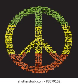 vector peace symbol made of words in rasta colors