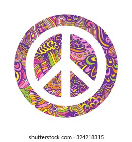 Vector peace symbol made of zentangles, pacifism sign. Hippie style ornamental background. Love and peace, hand-drawn doodle background. Colorful peace symbol on white background. Retro 1960s, 70s