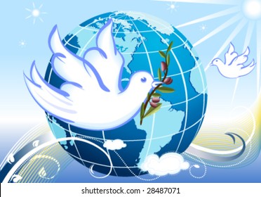 Vector Peace to the World, with white doves and a branch of olives tree.