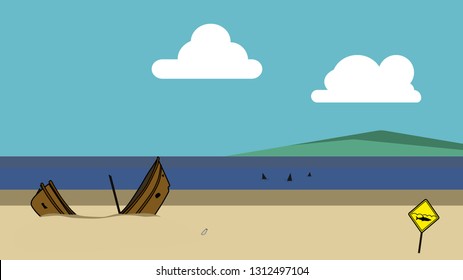 Vector of a peaceful, abandoned beach with a yellow beware of shark sign and shark fins in the water