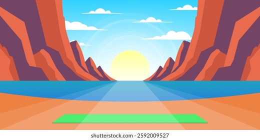 Vector peaceful landscape. Sea bay, secluded place for meditation and yoga. High brown mountains and sandy beach. Rising bright radiant sun, cloudy blue skies. Paradise nature and environment