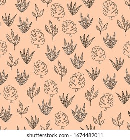 Vector peach black and white tropical leaves seamless pattern background
