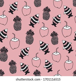 Vector peach and black and white tropical beach items seamless pattern background