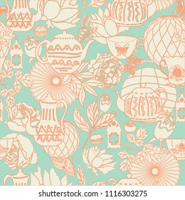 Vector peach and blue vintage garden tea party seamless pattern background in a flower garden-like arrangement. Ideal for wallpaper, fabric, scrap booking, invitations, cards, gift wrap