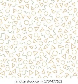 Vector Peach Green Gold Circles Triangles Squiggles on White Seamless Repeat Pattern. Background for textiles, cards, manufacturing, wallpapers, print, gift wrap and scrapbooking.