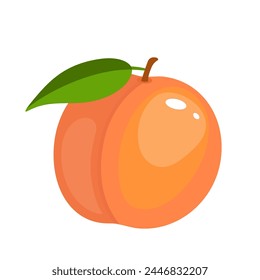 Vector peach icon, illustration of peach fruit with leaf isolated of white background, logo symbol in flat cartoon style